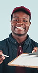 Face, delivery and black man with clipboard for signature, logistics or supply chain in studio. Portrait, courier and paperwork for distribution, shipping and online shopping on white background