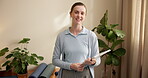 Physiotherapy, tablet and face of woman in clinic for about us, rehabilitation report and chiropractor. Online medical review, physical therapy progress and pride with person in office for healthcare