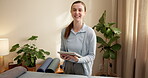 Chiropractor, tablet and face of woman in clinic for about us, rehabilitation report and physiotherapy. Online medical review, physical therapy progress and pride with person in office for healthcare