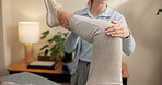 Hands, knee injury physiotherapy and with people in clinic together for assessment or examination. Healthcare, inflammation and rehabilitation with chiropractor checking patient in orthopedic office