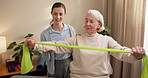Physical therapy, woman and senior patient with resistance band for help with strength and happy with progress. Old person, physiotherapist and equipment for muscle growth, wellness support or health