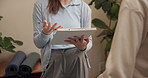 Physiotherapy, clipboard and consulting with hands in clinic for update, rehabilitation report or chiropractor. Medical review, physical therapy progress and advice with person writing for healthcare
