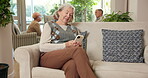 Relax, old woman and typing with phone in care home for online puzzle, word search and memory test. Happy, senior person and mobile app in assisted living for playing game, bingo site and retirement