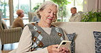 Happy, old woman or typing with phone in care home for texting, retirement update or social network. Relax, senior person and mobile app in assisted living for online chat, internet browsing or smile