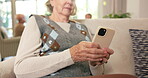 Hands, old woman or typing with phone in care home for texting, retirement update or social network. Relax, senior person or mobile app in assisted living for online chat, internet browsing or scroll
