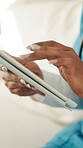 Medical, nurse or hands in hospital with tablet, research or patient diagnosis in online consulting. Typing, woman or doctor with tech, telehealth review or healthcare report for treatment plan.