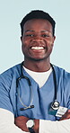 Surgeon, face and happy with arms crossed in health for medical service, career integrity or trust. Doctor, black man and laugh on studio background for healthcare support, cardiology and experience