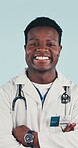 Doctor, man or face with arms crossed in health for medical service, career trust or pride. Worker, black person or happy on studio background for healthcare support, cardiology expertise or about us