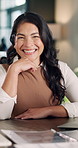 Business, face and happy woman with pride in office for career growth or development. Portrait, female person or smile with laptop for job opportunity, creative design or confidence in workplace