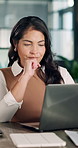 Business, woman and thinking in office with laptop, review data or risk assessment for insurance agency. Person, problem solving or reading in company with computer, graphs or stats for policy cover.