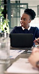 Woman, speaking and meeting in office with laptop, planning and sales strategy for insurance agency. Person, team and discussion in business with computer, advice or explain how to sell policy cover.