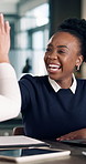 Happy, woman and high five in meeting with laptop, partnership and success for business revenue growth. Person, team and celebration in office with computer, collaboration and profit achievement.