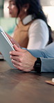 Businessman, hands and tablet in office with meeting transcript, agenda or plan for financial agency. Person, team and tech in workplace with online schedule, download app and AI summary for minutes.