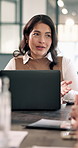 Woman, discussion and meeting in office with laptop, planning and sales strategy for insurance agency. Person, team and speaking in business with computer, advice or explain how to sell policy cover.