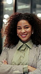 Business, face or happy woman in office with arms crossed, about us or ambition as wealth advisor. Pride, portrait or tax planner with laptop, asset management or confidence as financial consultant.