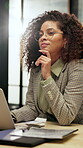 Thinking, laptop and smile with business woman in office for planning, research and risk portfolio. Reflection, investment review and online account advisor with employee in agency for vision