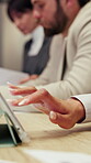 Meeting, typing or hands in office with tablet, online notes or budget strategy for revenue growth. Digital, woman or finance advisor with tech, audit update or recording info on risk assessment.