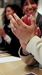 Success, people and hands clapping in office with support, achievement and celebration with smile. Happy, applause and company milestone at meeting, reward and performance excellence with team