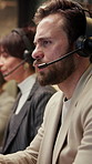 Contact us, speaking and man in call center for customer support, banking feedback and communication. Headset, help or person talking to client for advice, account assistance or coworking on overtime
