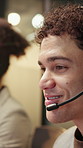 Happy, headset and businessman in office for contact us, crm or help desk on terms and conditions. Smile, mic and customer service consultant with online assistance, consultation or advice support.