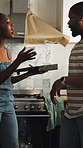 Argument, renovation and black couple in new home with conflict on real estate error on weekend. Upset, drama and man with woman for toxic relationship with repairs crisis in kitchen at apartment.