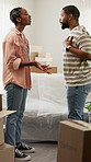 Argument, moving and black couple in new house with conflict on real estate error on weekend. Upset, drama and man with woman for toxic relationship with mortgage crisis in kitchen at apartment.