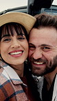 Face, couple and road trip outdoor with smile, travel and adventure for summer holiday. Portrait, people and happiness in nature with vehicle, partner support and bonding together on vacation getaway