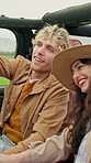 Smile, couple and road trip outdoor with car, travel and adventure for summer holiday. Happy, people and sightseeing in nature with vehicle, partner support and bonding together on vacation getaway