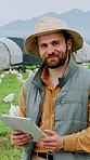 Man, face and farmer with tablet outdoor, poultry farm and sustainable business with pride. Male person, portrait and chicken for agriculture with livestock, tech and confident in agribusiness