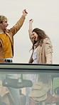 Road trip, dancing or friends outdoor with car, good time or bonding journey on weekend break. Fun, ride or people in nature with vehicle, grooving together or happy moment with auto adventure.