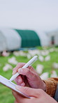 Clipboard, hands or farmer with signature outdoor, poultry farm or sustainable business checklist. Person, agriculture and livestock with paperwork, writing or review with signing for quality control
