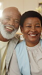 Face, hug and smile of senior couple in home together for bonding, retirement or support. Flare, love and security with elderly people in apartment for care, happy embrace or relationship trust