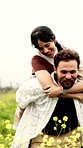 Holiday, fun and couple in field with piggyback, bonding and happy moment on outdoor trip. Break, laugh and people in countryside with carrying, romantic relationship or playful connection on getaway