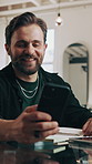 Happy man, online and texting with phone in small business, networking or communication with contact. Entrepreneur, typing and person with mobile for social media update, scroll or smile with message