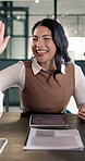 Happy, woman and high five in office with meeting, sales data and success for business revenue growth. Person, team and celebration in workplace with tablet, graphs and stats for profit achievement.