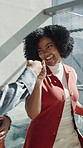 Fist bump, laughing and happy women in lobby for funny joke, humor or celebration together. Creative, partnership and colleagues with smile for team success, startup goal and comedy in office