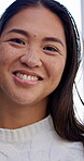Calm, face and woman in house with smile, positive attitude and feel good on weekend break. Wellness, peace and happy person in living room with portrait, confidence and satisfaction on day off.