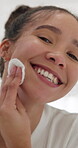 Beauty, cotton pad and face with happy woman in home bathroom for daily skincare routine. Cleaning, cosmetics and dermatology with person in apartment for facial cleanse, grooming or treatment