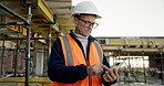 Construction, text or man on site with phone, task instruction or inspection report in online chat. Typing, ppe or engineer with tech, project brief or operations schedule on digital platform.