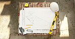 Blueprint, architecture and construction site with floor plan for vision on table as property design. Creative, civil engineering and document for renovation, drawing or above sketch for precision