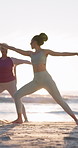 Yoga class, beach and woman with stretching, exercise or wellness routine in morning on holiday. Health, lens flare and person by ocean for fitness, active and pilates by seaside on weekend trip.