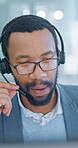 Telemarketing, computer and man with headset in call center, help or talking with contact and advice. Business, telemarketer and black person with mic for discussion, lead generation and consultation