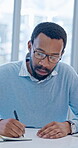 Notebook, psychology and therapy with man in office for consulting, feedback or review. Conversation, diagnosis and writing with male therapist in session for mental health or patient evaluation