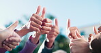 Motivation, people or hands outdoor with thumbs up, collaboration or approval in positive feedback. Encouragement, success or team in nature with yes gesture, well done or achievement in group.