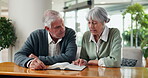 Home, faith or senior couple with bible for religious practice, spiritual bonding or praise God. Retirement, people or reading scripture in Holy book for christian marriage, guidance or worship study