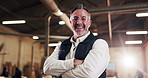 Face, man and carpentry in workshop with arms crossed, career pride and about us for manufacturing. Portrait, mature person and goggles in factory with smile, woodwork skills and furniture production