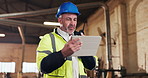 Engineer, talking and radio at workshop with tablet, research and inspection update for construction. Mature man, chat or supervisor at site with tech, quality control and feedback on building safety