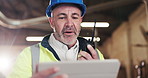 Man, engineer and radio at workshop with tablet, research and inspection update for construction. Mature person, talk and supervisor at site with tech, quality control and feedback on building safety