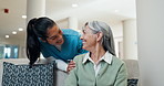 Happy, caregiver and old woman at house with checkup, support and medical trust for wellness. Smile, nurse or senior person in home with respect, assisted living and gratitude for healthcare services