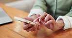 Phone, typing and old woman hands in home with text message, online and mobile app for retirement plan. Senior person, browse and research in house with tech, internet and website for life insurance.